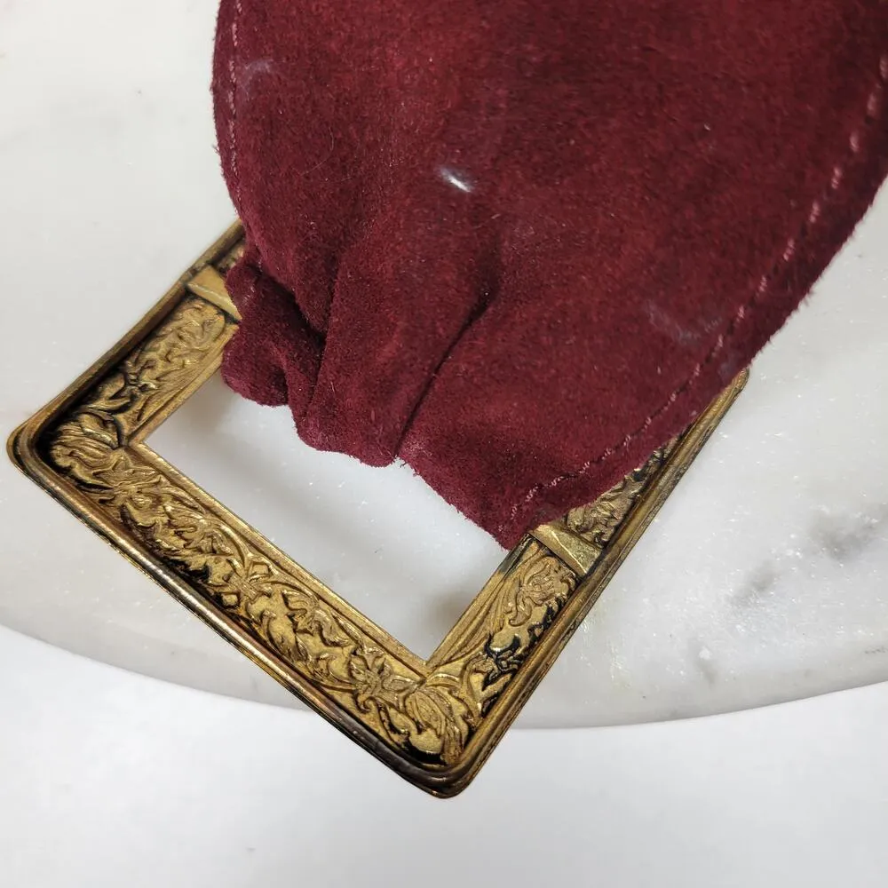 Vintage St Laurent Suede Belt 36" Burgundy Square Gold Floral Buckle Hippie Boho - Image 7