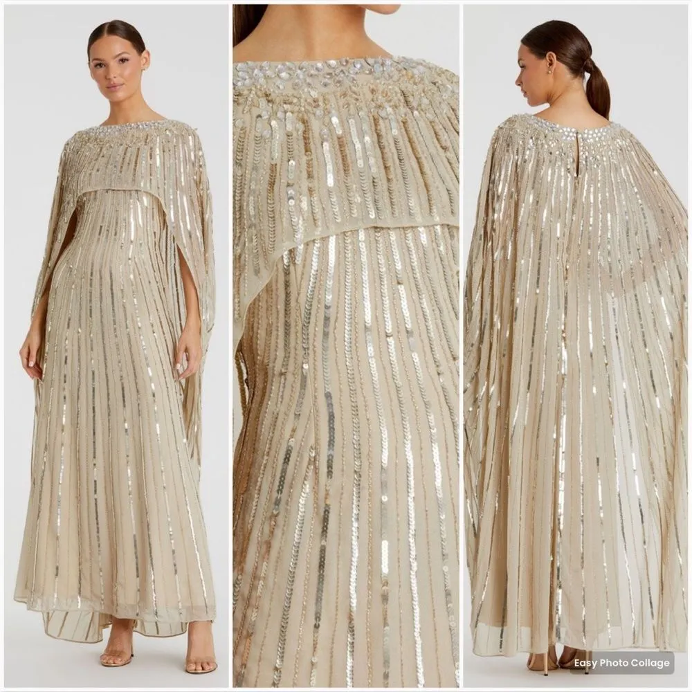 NWT Mac Duggal 93869 Gold Embellished Beaded Column Cape Gown 14 - Image 3