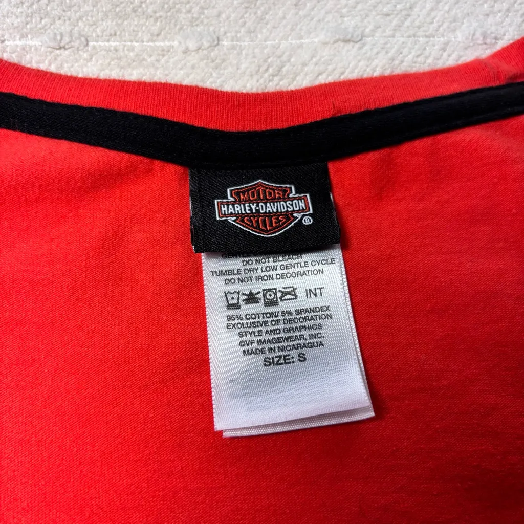 Harley Davidson Y2K BARNETT EL PASO TEXAS Flame‎ Logo Shirt Top Orange Size S - Image 6