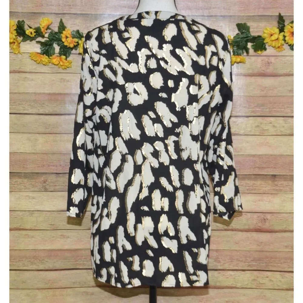 JM Collection Black Print Tunic 3/4 Sleeve V-Neck Blouse Size M Metallic Sequin - Image 7