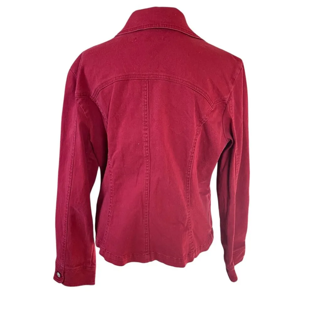 A.M.I. women's L red long sleeve collared button down denim jean jacket pockets Size L - Image 4