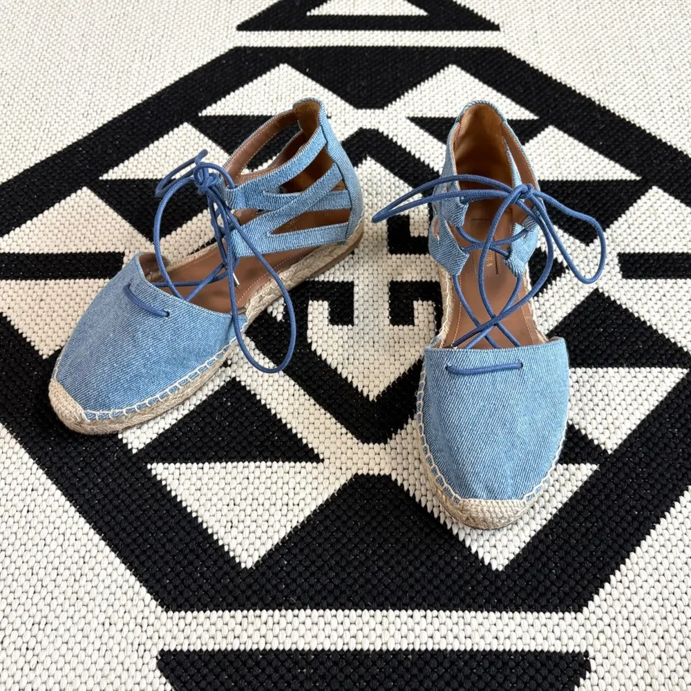 Aquazzura Belgravia Flat Lace Up Espadrilles in Light Denim Blue Size 6 - Image 3