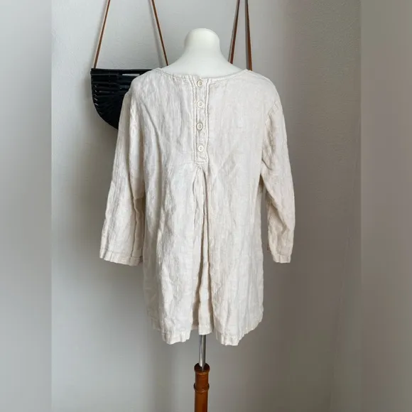FLAX Beige Linen Button Back Pockets Crossover Tunic, Size Large - Image 2