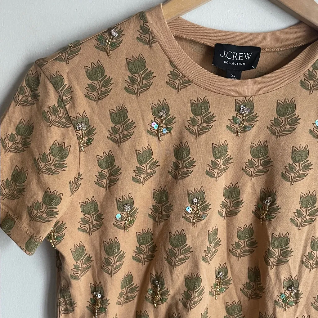 J.Crew Collection Jersey Embellished T-shirt Tan Tonal Tulip Block Print - Image 7