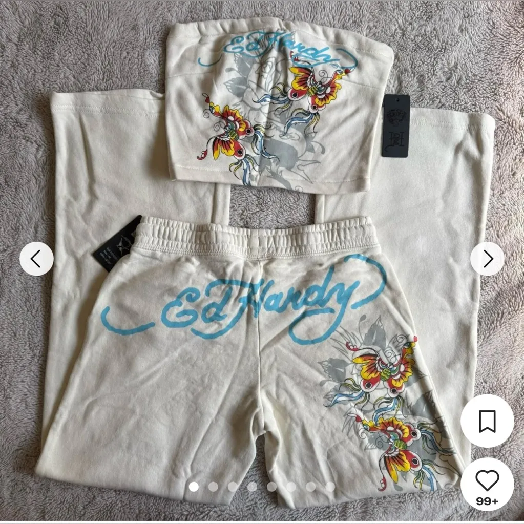 Ed Hardy Cream Tube Top/Sweatpant set with Colorful Butterfly Design - Image 4