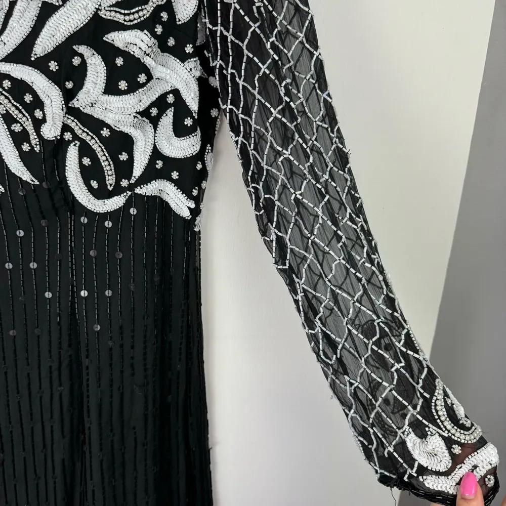 Vtg Lawrence Kazar Silk Beaded Formal Dress Sz XL Black White Sequin Long Sleeve - Image 9