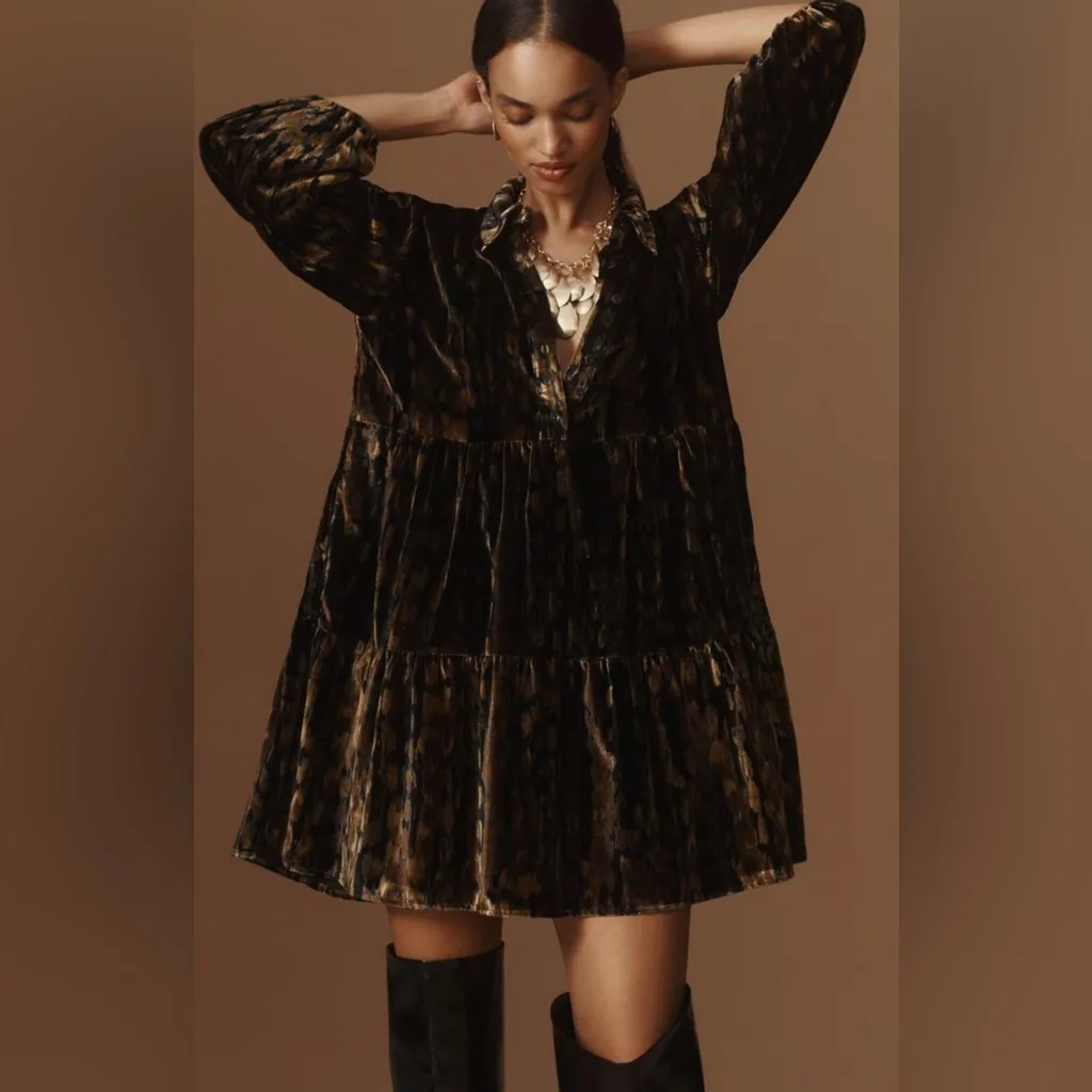 Maeve Bettina Black Gold Velvet Tiered Mini Shirt Dress Long Sleeve XXS - Image 6