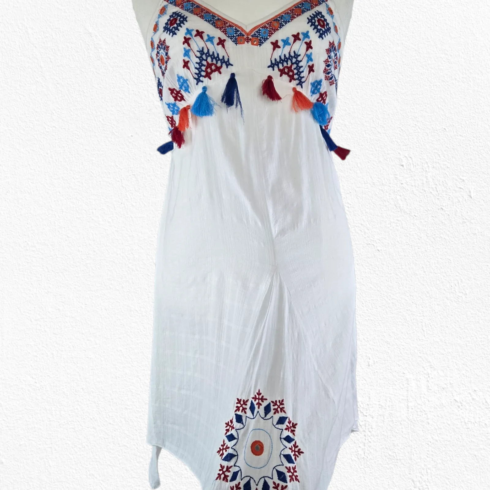 AREA Stars White Embroidered Handkerchief Tassel Boho Hi Low Dress Size Medium - Image 3