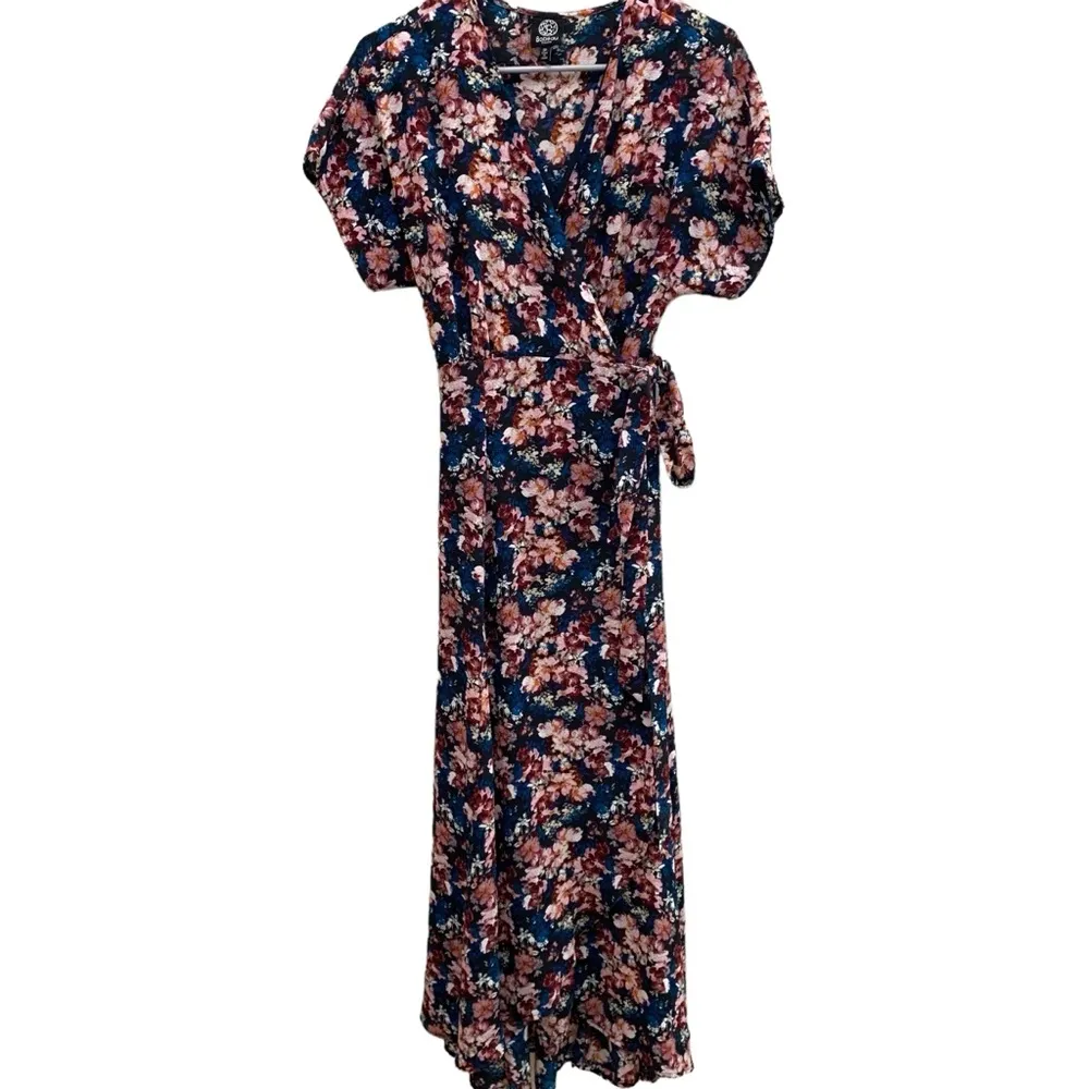 Floral blue pink midi chiffon wrap tie dress asymmetrical modest feminine - Image 9