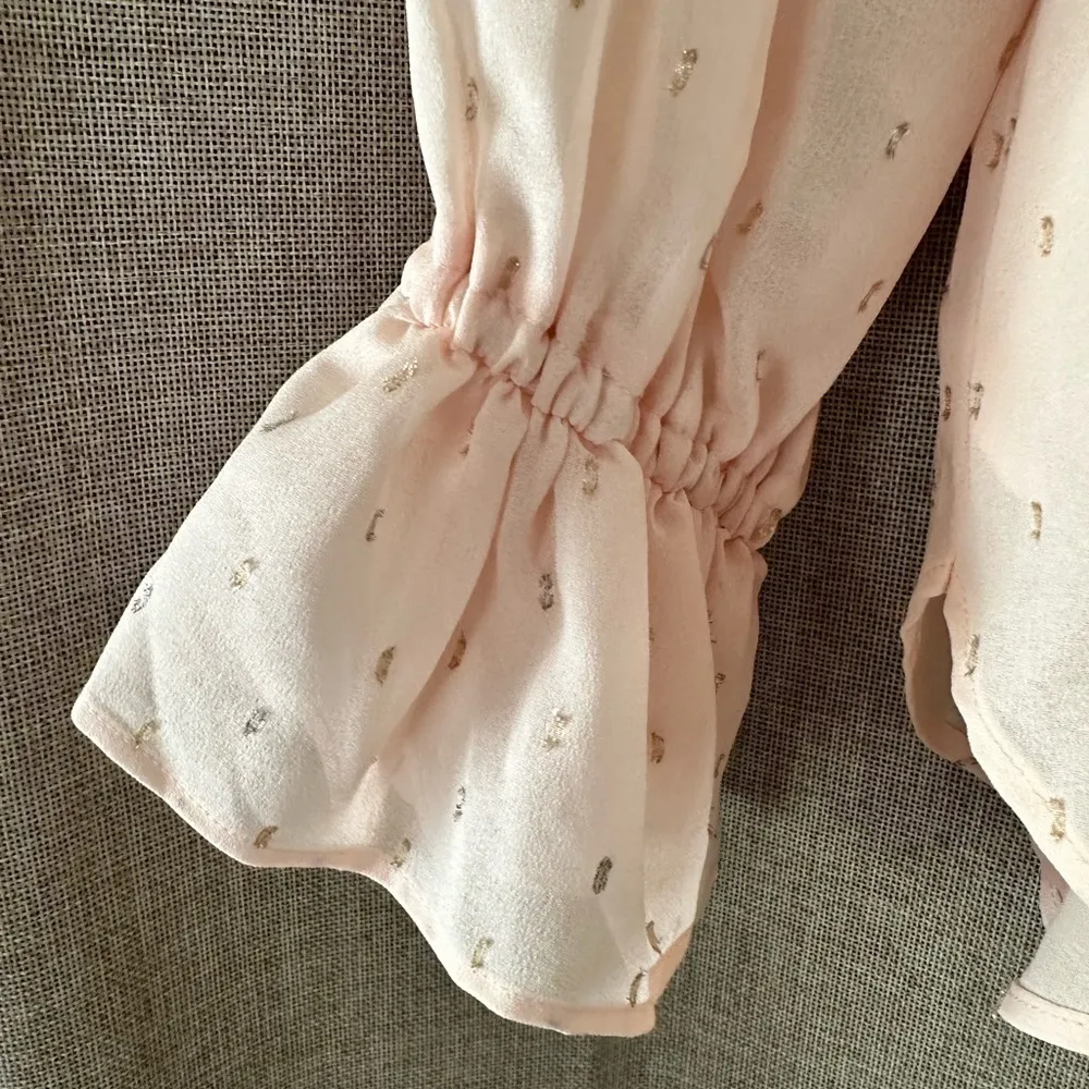 LOFT Light Pink Long Sleeve Ruffle Blouse with Rose Gold Ticking Pattern Small - Image 7