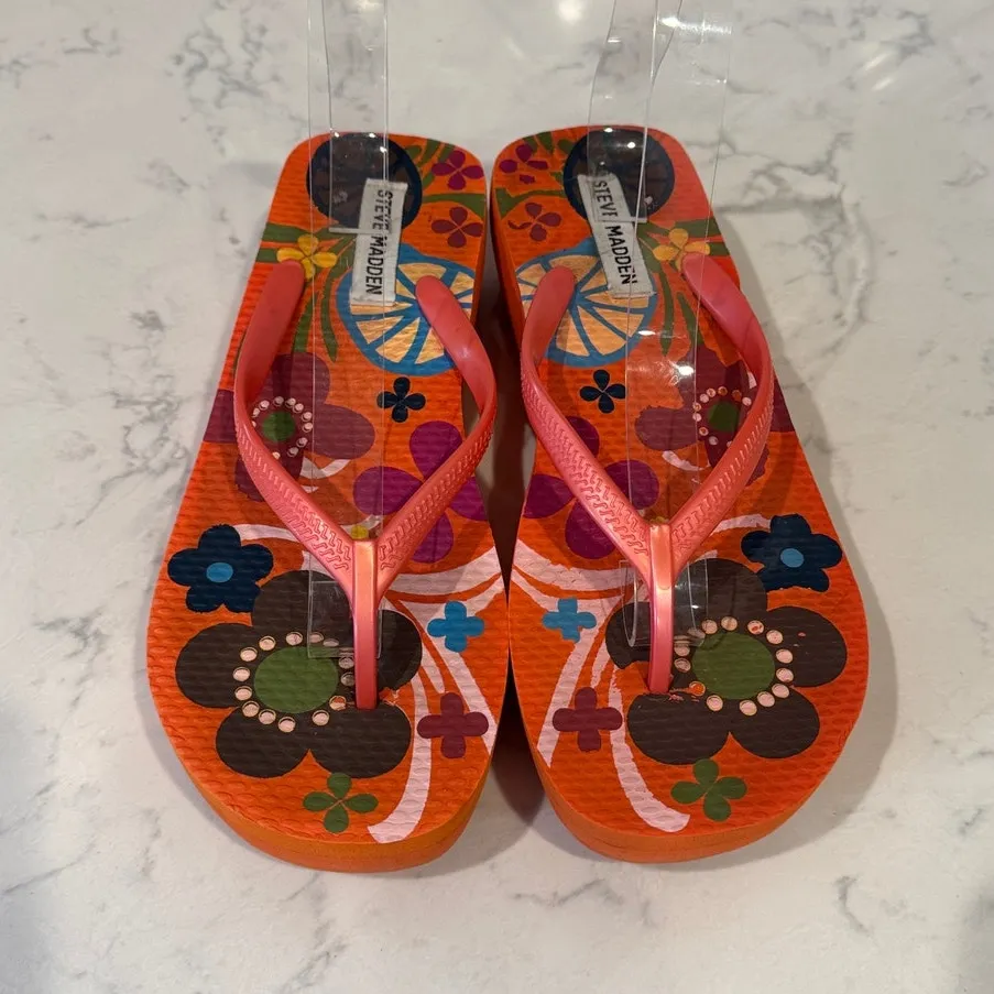Y2K Steve Madden wedge flip-flops floral soul pattern size 10 peach orange - Image 2