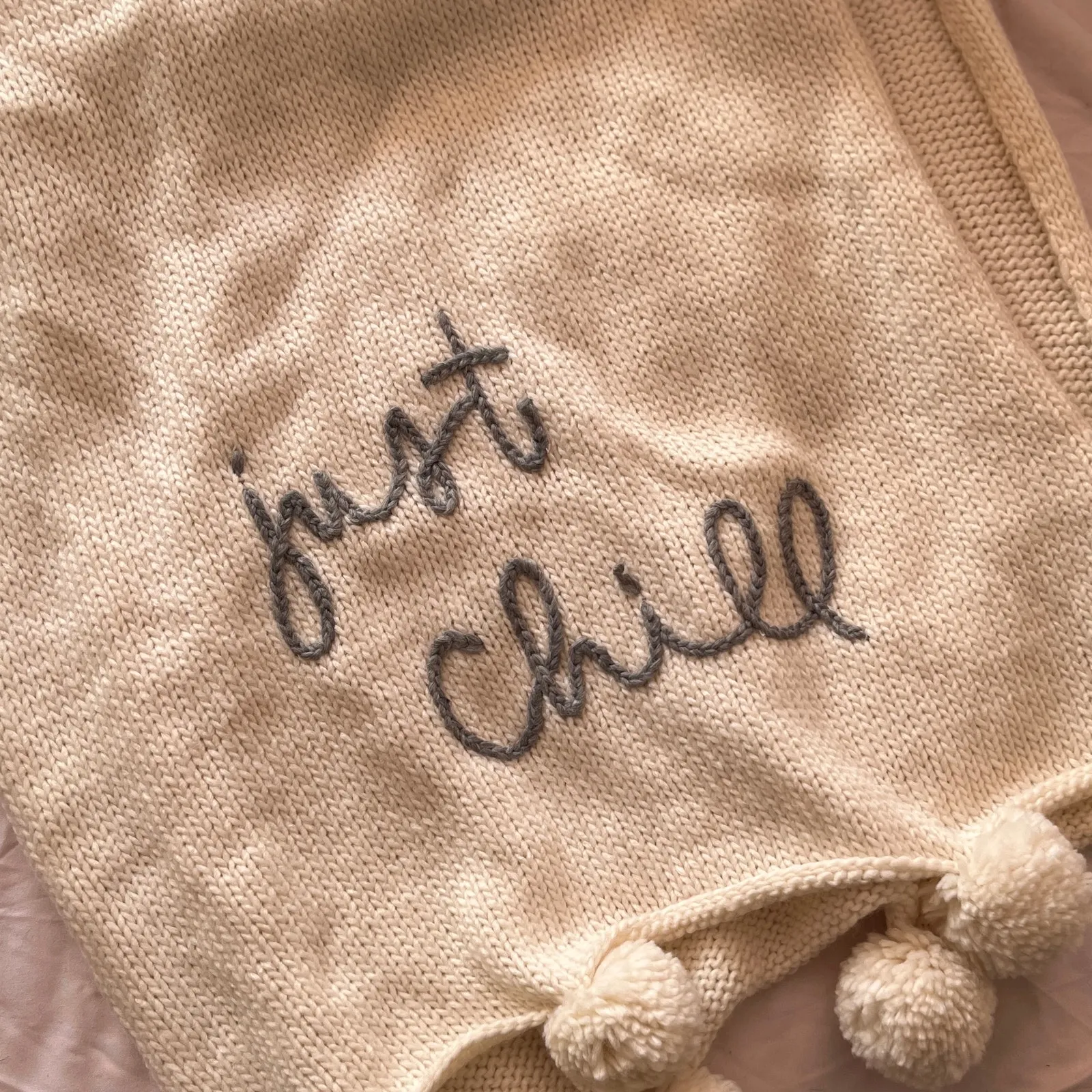 NWT Aerie | White Pom Pom Knit Blanket Scarf | Just Chill Text | 2010s - Image 5