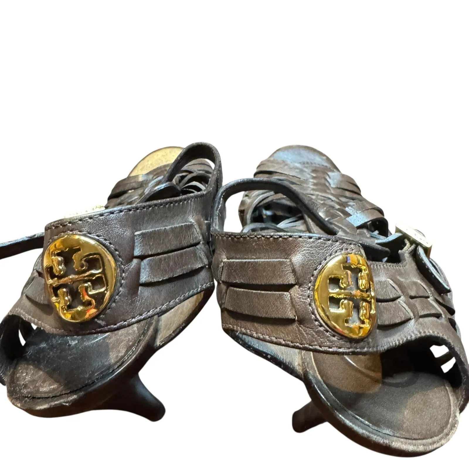 Tory‎ Burch Shoes Womens Size 7.5M Brown Leather Woven High Heel Sandals Strappy - Image 8