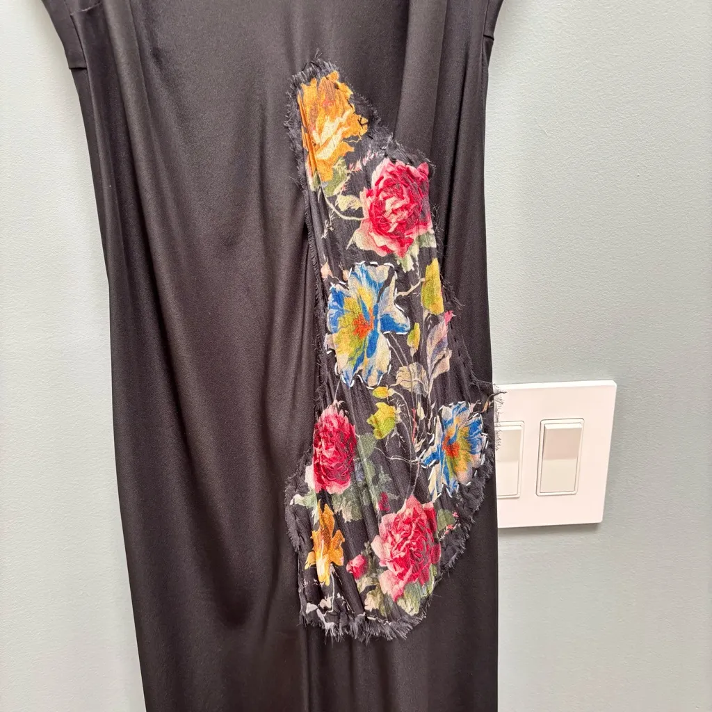 4 Love and Liberty Johnny Was Silk Midi Slip Dress Black with Rose Appliqué XS - Image 3