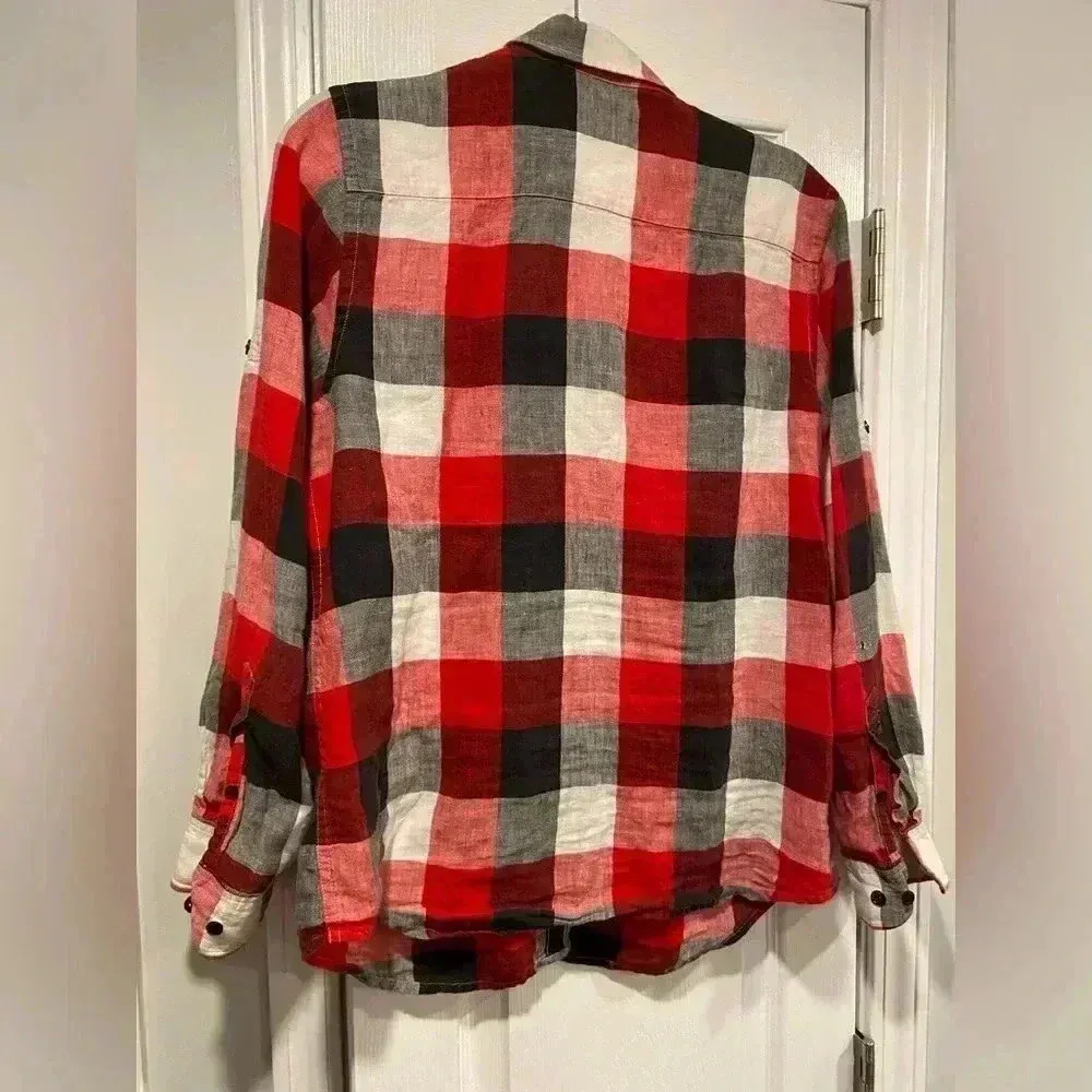 Lauren Ralph Lauren Black Red Plaid 100% Linen Button Down Long Sleeve Size M - Image 6