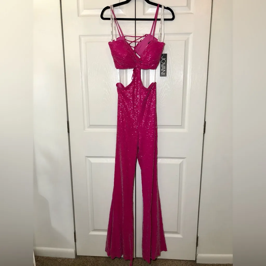 NWT Jovani Hot Pink Sequin Embellished Sexy Cut Out Jumpsuit Size 8 - Image 2