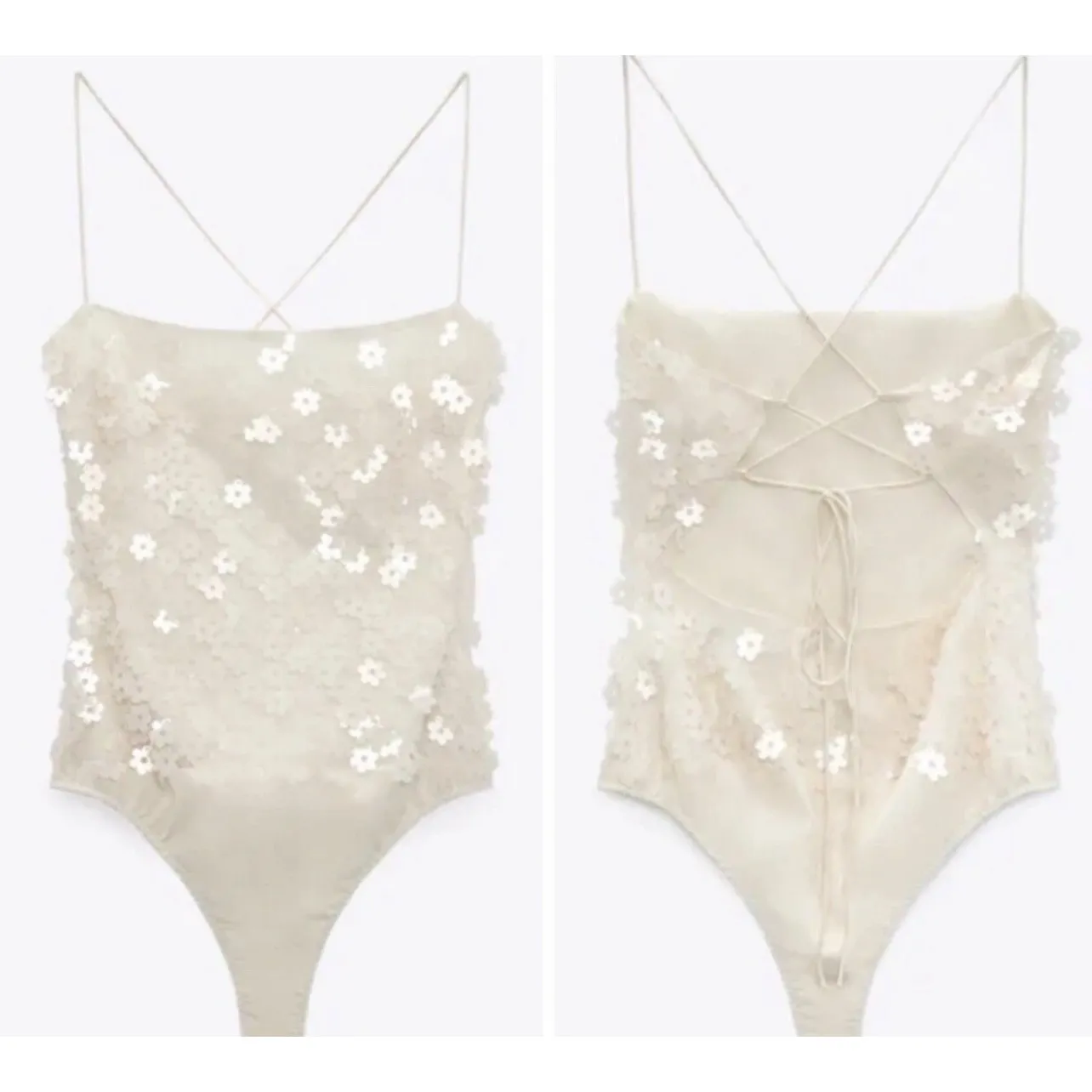 Zara Womens Bloggers Favorite Floral Applique Sequin Bodysuit Lace Up‎ Back XL - Image 2