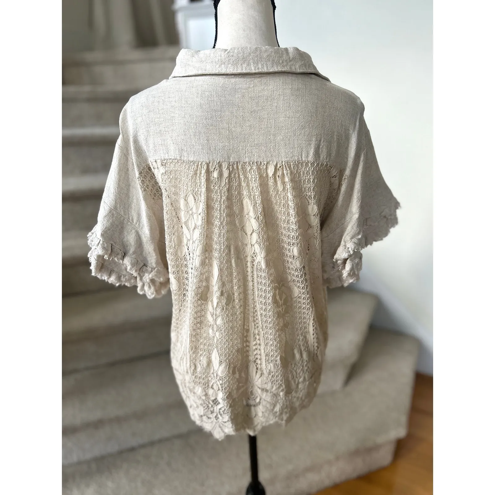 Umgee Tan Beige Linen Cotton Ruffle Fringe Sleeve Open Lace Back Boho Blouse - Image 2