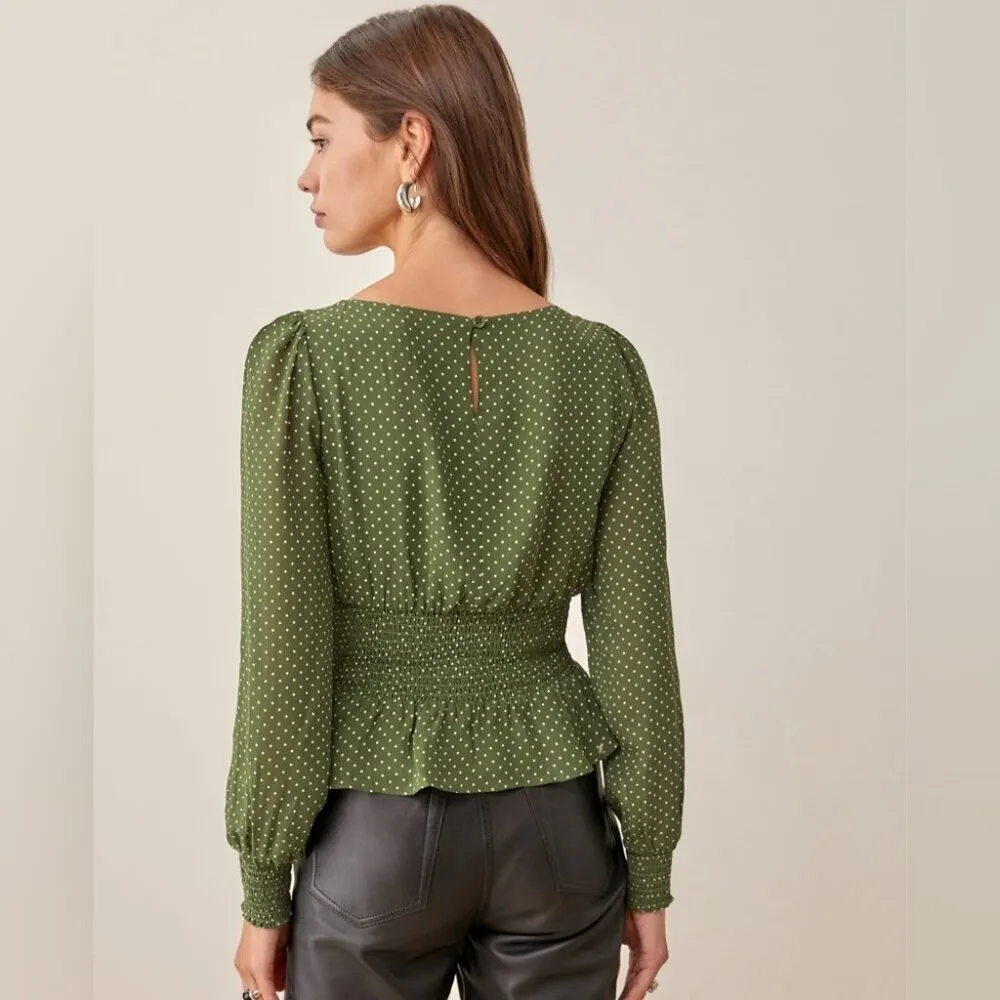 Reformation Hearth Green Dots Smocked Long Sleeve Blouse Top Size 6 NWT - Image 2