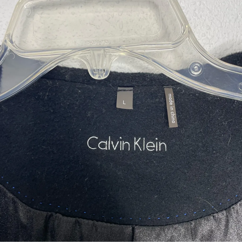 Calvin Klein Black Wool Blend Trench Coat with Leather Trim Accents size L - Image 10