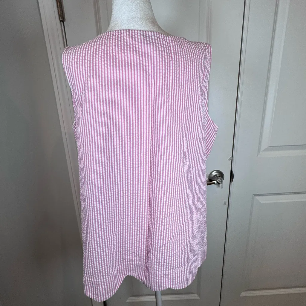 Talbots Pink Seersucker Stripe Cotton Tank Top L Scalloped Hem Coastal Preppy - Image 5