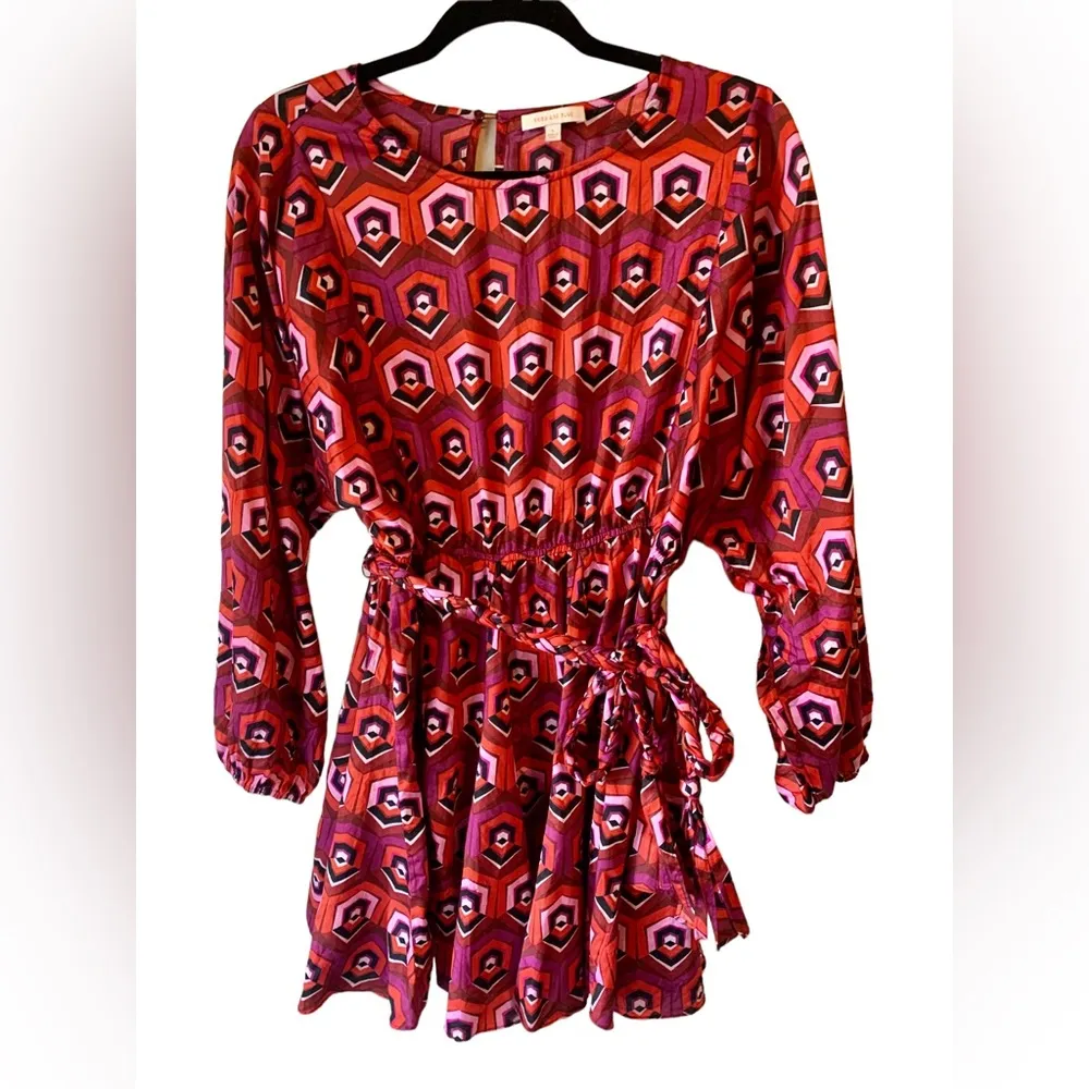 Skies are blue geometric print orange pink black braided cinch mini flare dress - Image 13