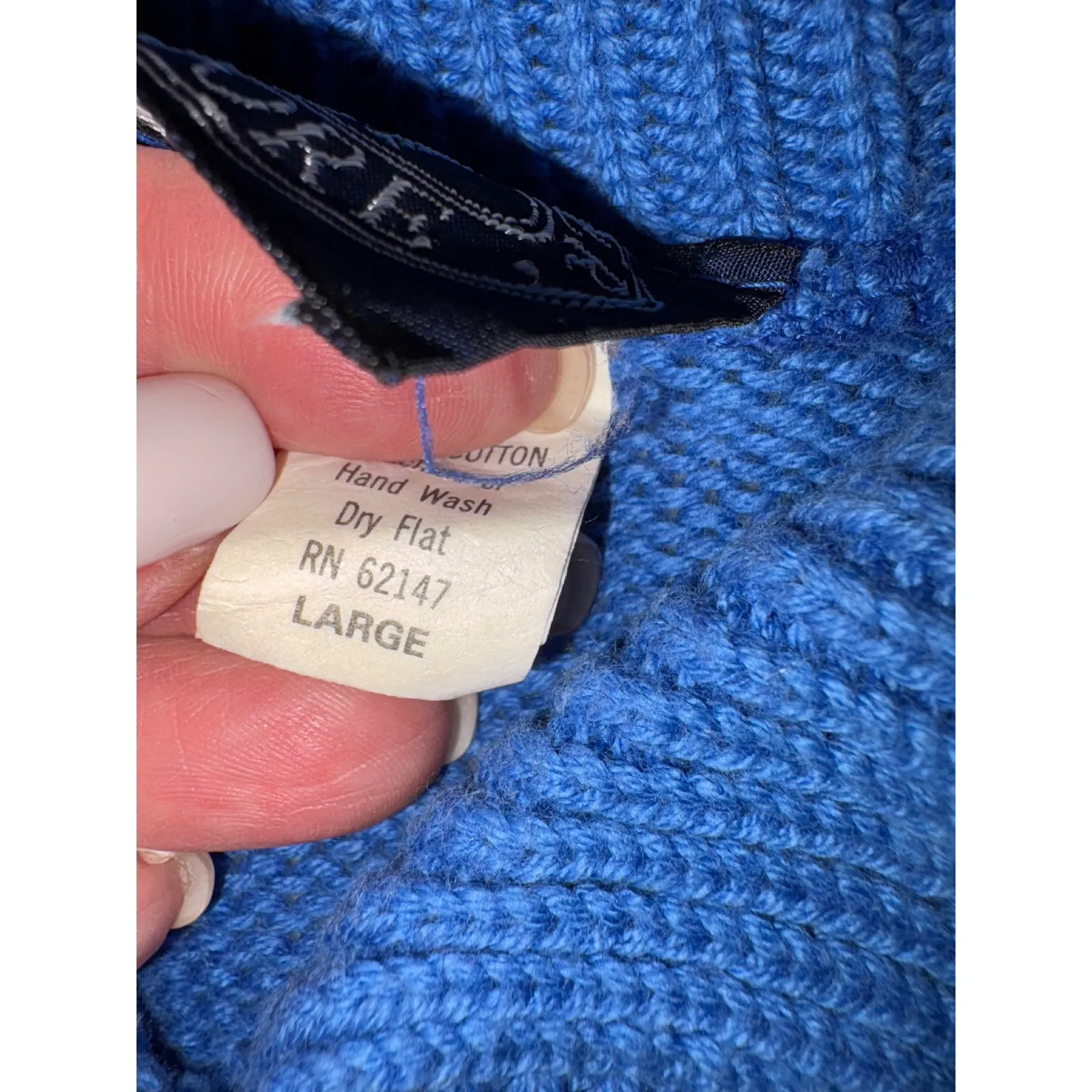 Vintage‎ Cotton Knit Collared Sweater L Blue Cream Geometric Pattern Size L - Image 3