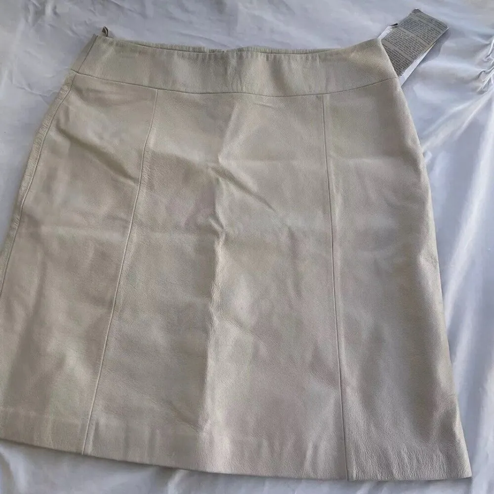 Vintage Women’s Midnight Velvet Cream White Brown Leather Skirt Sz 14 NWT - Image 2