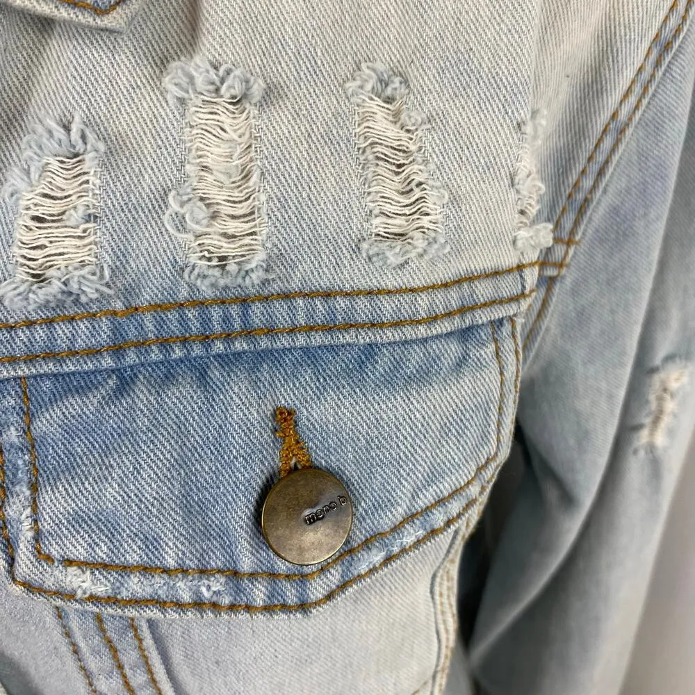 Mono B Light Was Distressed Ripped Denim Jean Jacket Large Blue - Image 9