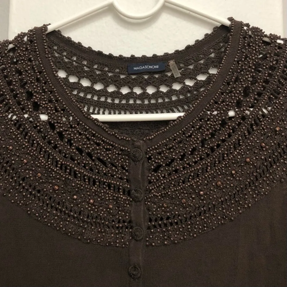 Magaschoni Women Beaded Embellished Crochet Sweater Cotton Button Blouse Brown L - Image 5