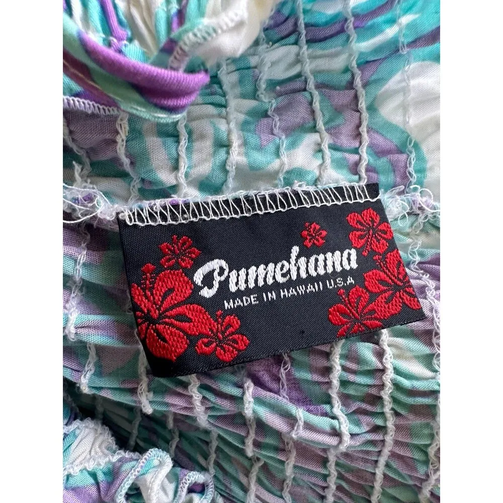 Pumehana Hawaiian Aloha Smocked Self Tie Spaghetti Straps Midi Sun Dress S/M Blue - Image 5