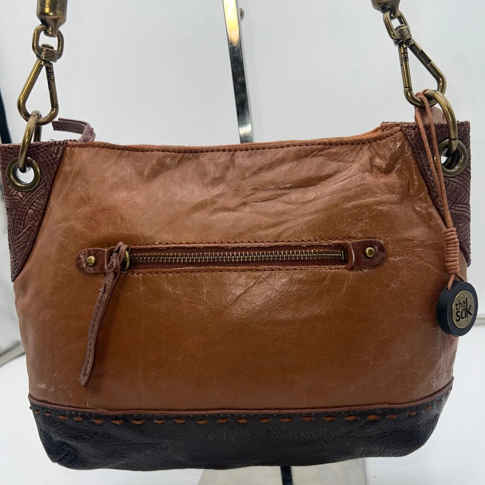 The Sak Brown Leather Shoulder Bag Convertible Strap Bronze Hardware Hobo - Image 2