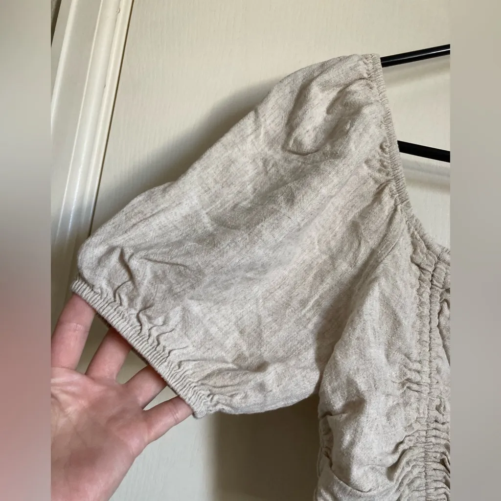 Wild Fable Beige Linen Blend Cropped Balloon Sleeve Smocked Back Top #MBG - Image 4