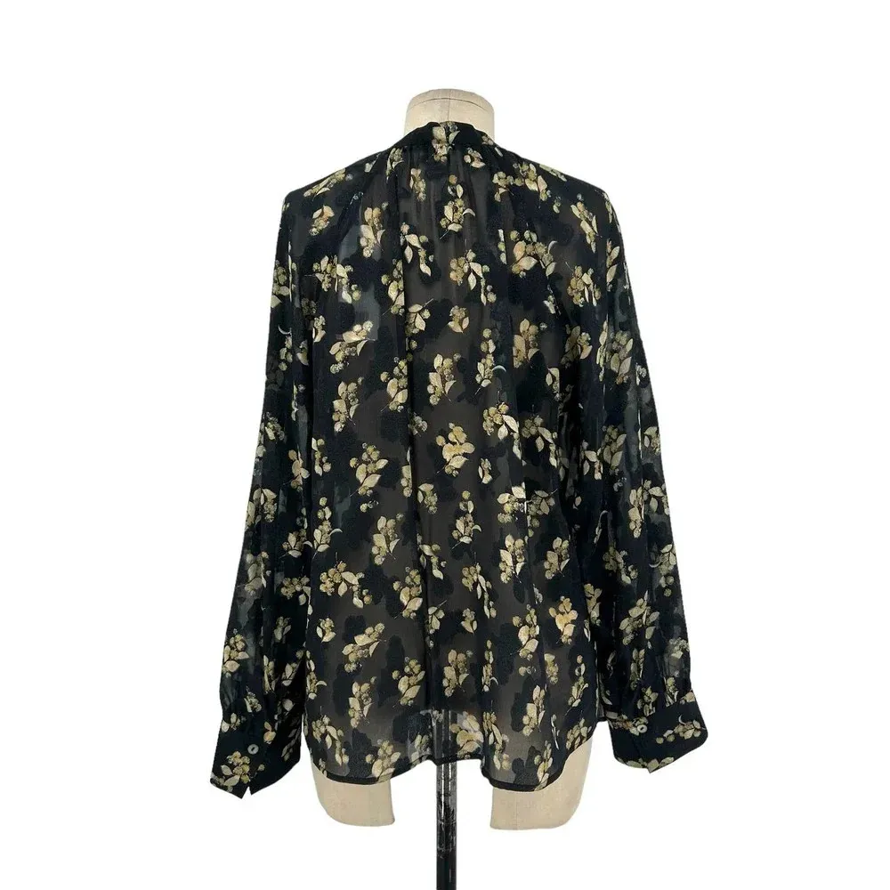 Vince Dandelion Poet Blouse‎ Gathered Floral-Print Silk-Crepon Black Size Small - Image 7