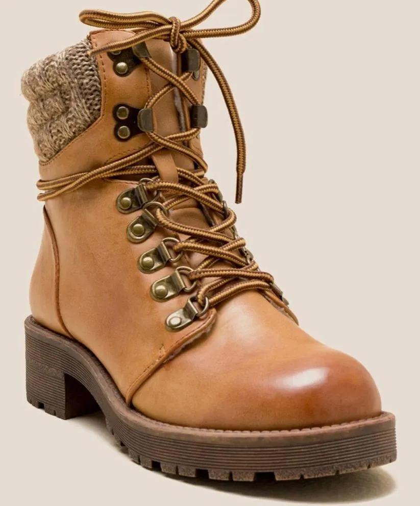 Mia Maylynn Moto Hiking Boot Tan Knit Cuff Lug Sole 7.5 - Image 3