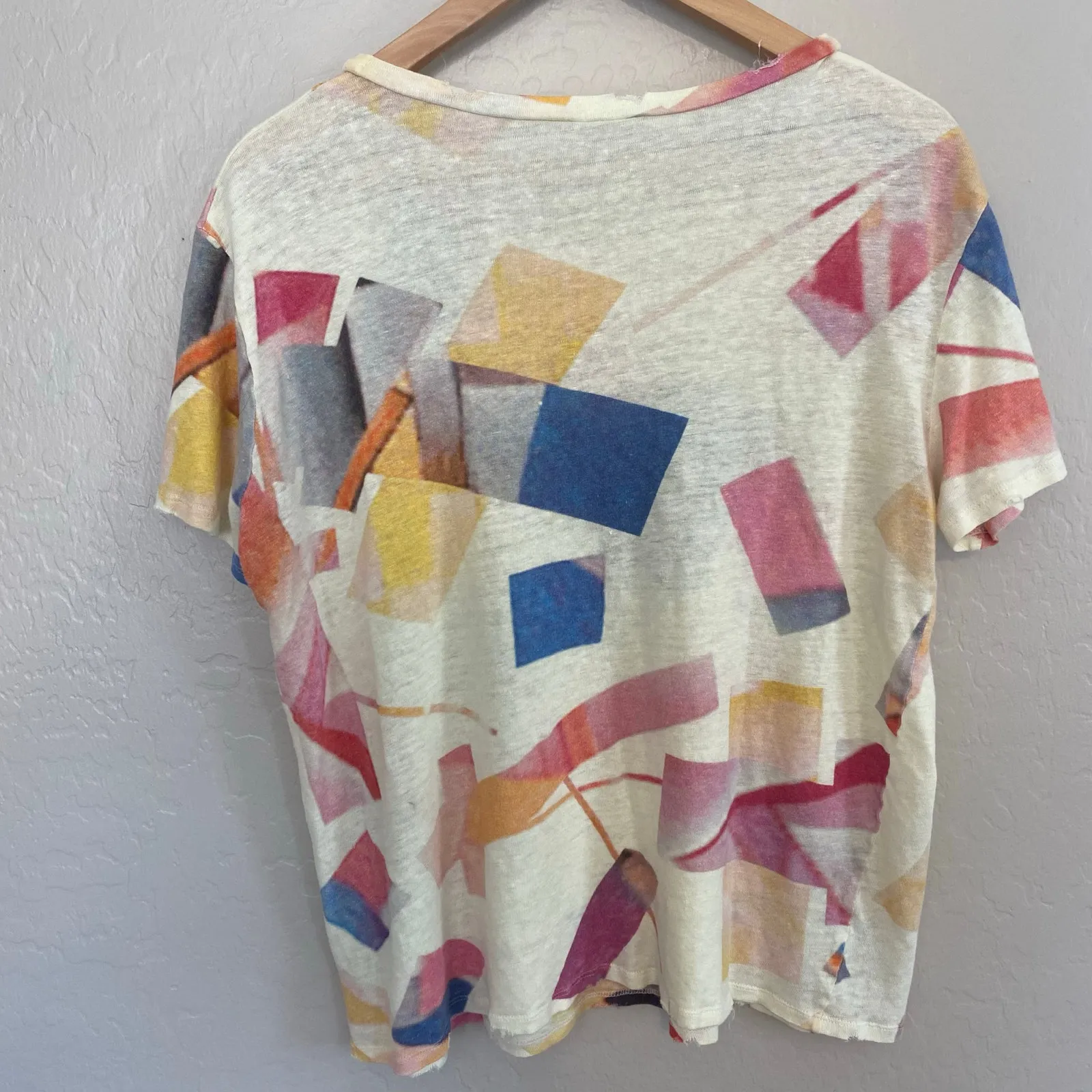 IRO Paris Dawson 100% Linen T-Shirt Womens Sz 1 Large Abstract Distressed Artsy - Image 4