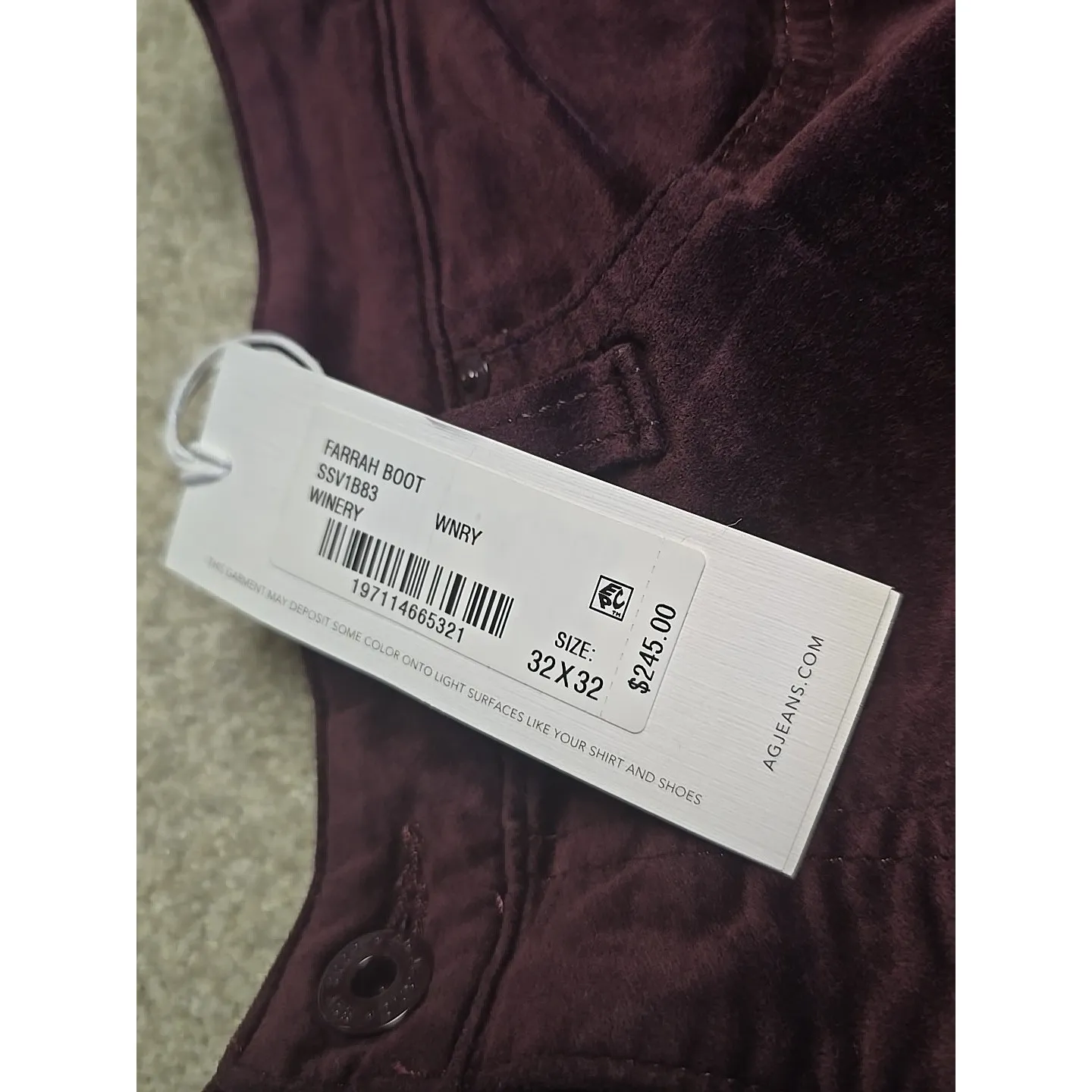 AG Jeans 32x32 Winery Farrah Boot Cut High Rise Velvet Adriano Goldschmied NWT - Image 10