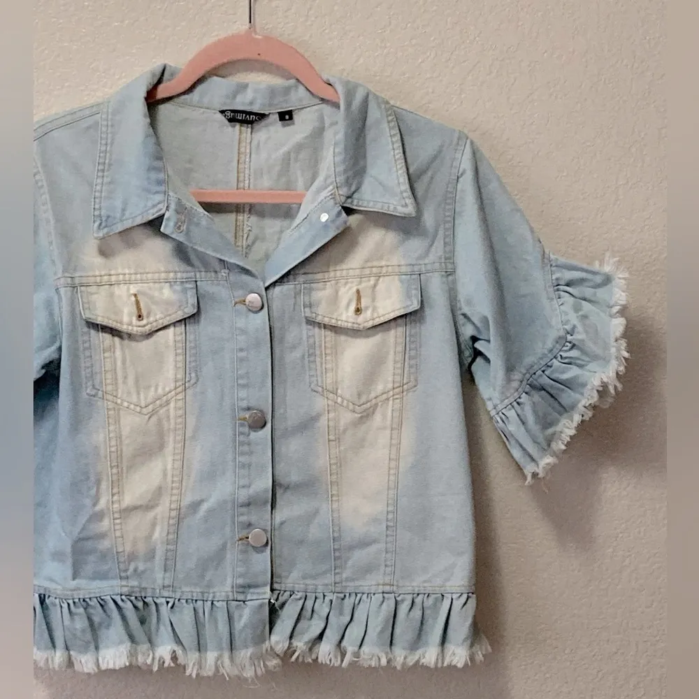 Suvimuga Denim Jacket Button Down Distressed Ruffle Sleeve Crop Jean Jacket! - Image 5