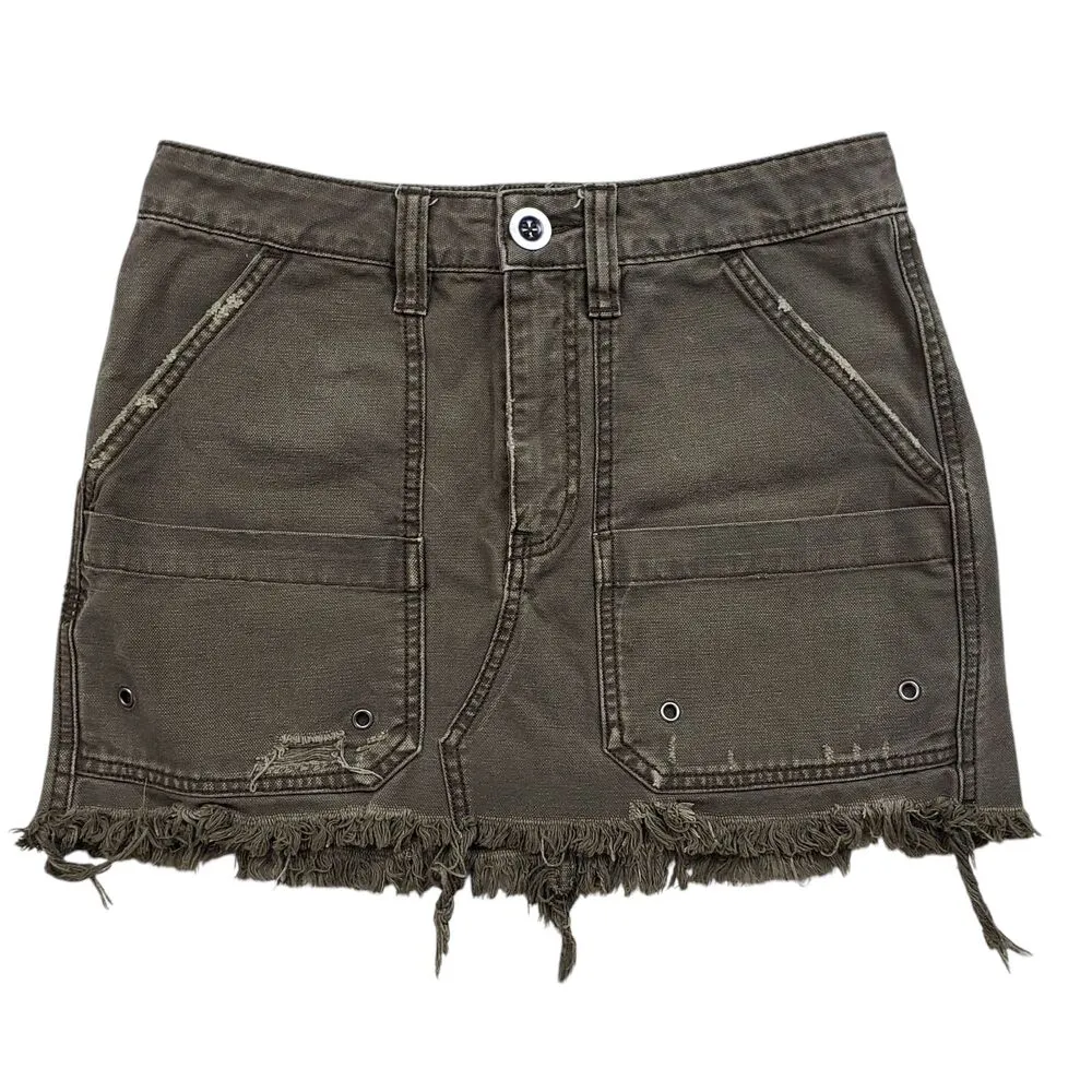Free People Cargo Skirt Womens 25 Military Green Distressed Denim Fringe Y2K - Image 2