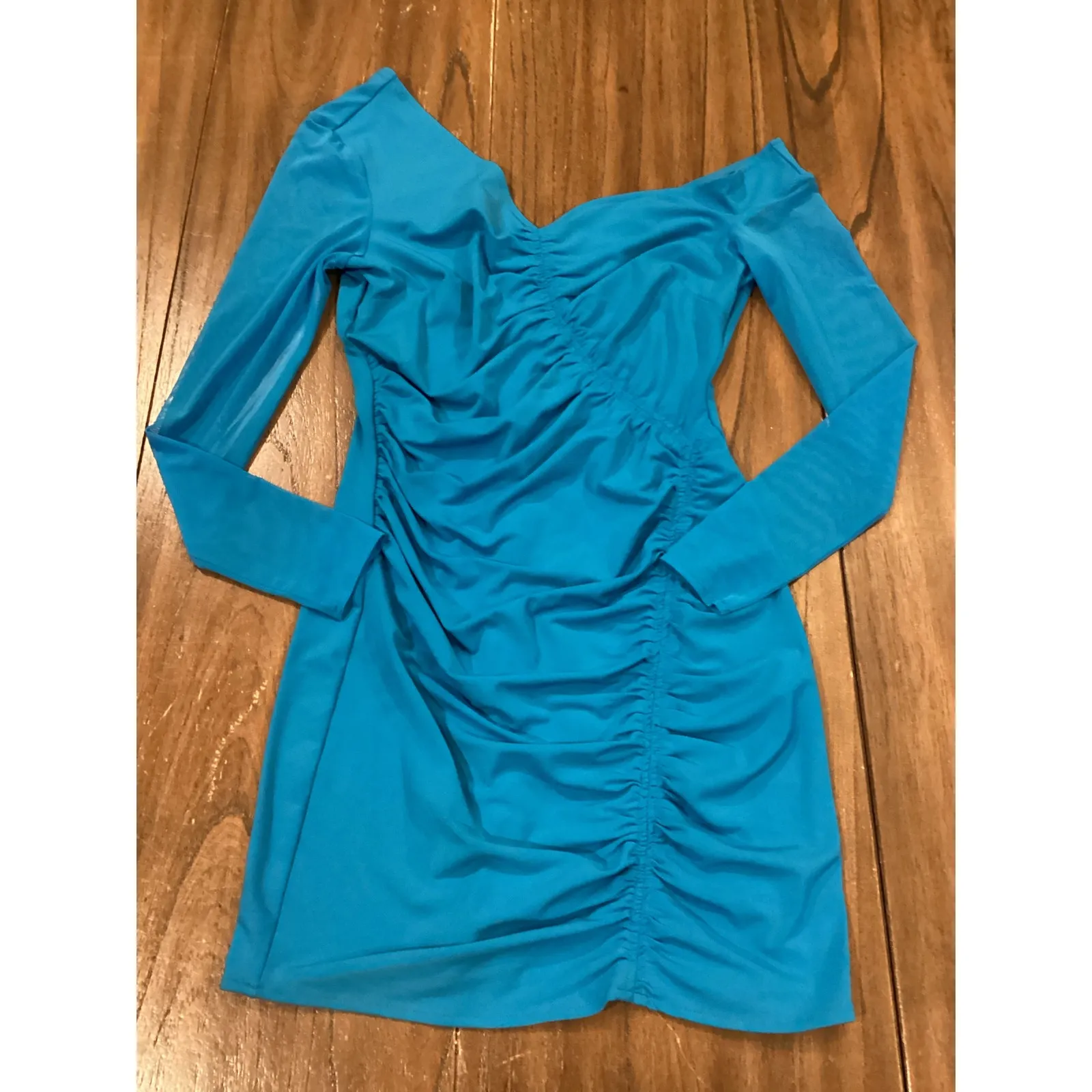 SELF PORTRAIT Bright Blue One shoulder Ruched Stretch jersey Tulle Mini Dress 2 - Image 2