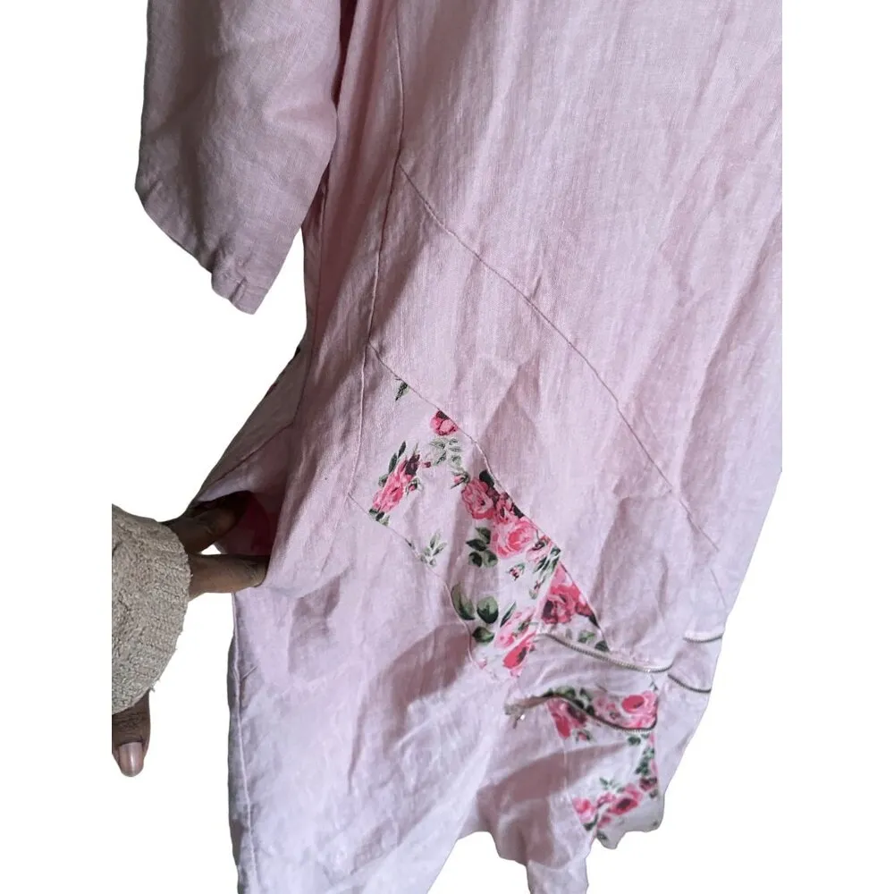 Lin Blanc 100% Linen Pink Floral Embellished Long Dress Lagenlook - Image 10