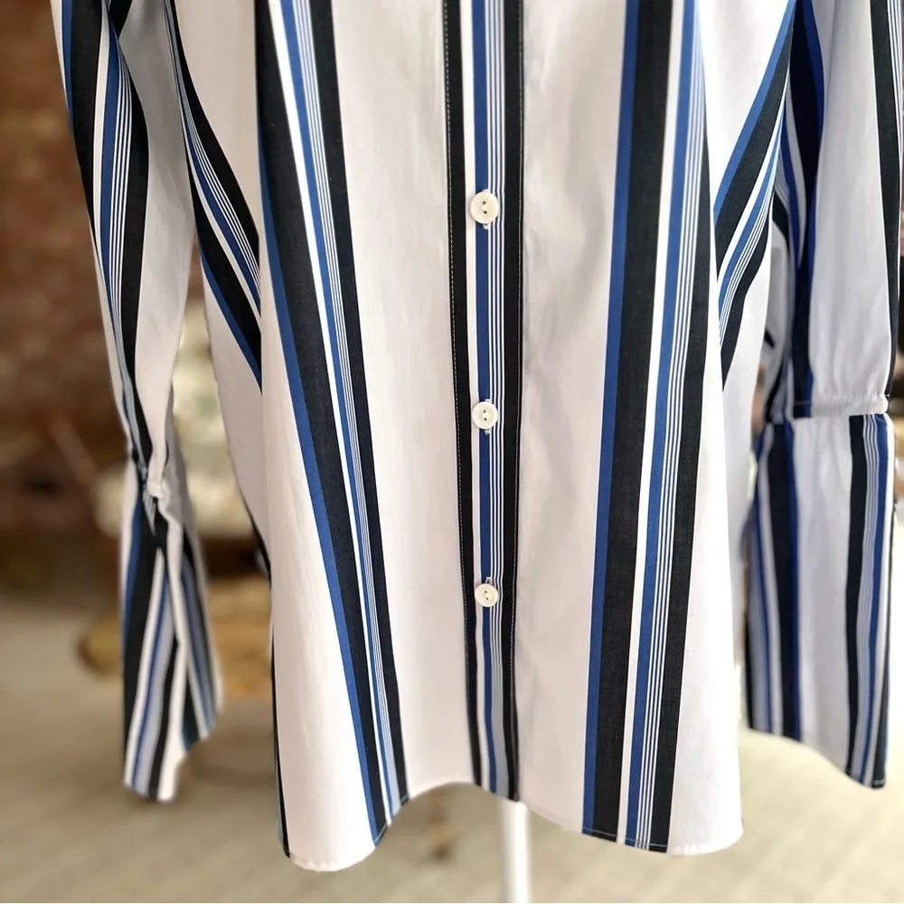 W by Worth Top White Blue Striped Flared Cuff Button Down S Office Work Job Chic - Image 4