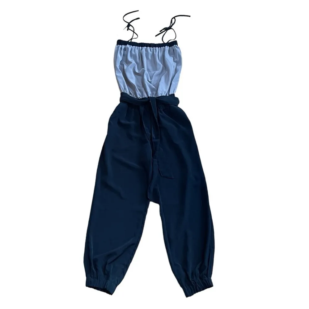 H&M RARE colorblock jumpsuit romper sleeveless silky beige black Sz US 6 - Image 3