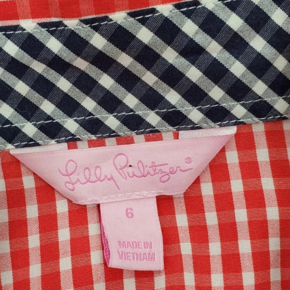 LILLY PULITZER GINGHAM CHECKERED RED WHITE BLUE PRINT RUFFLED LONG SLEEVE TOP 6 - Image 6