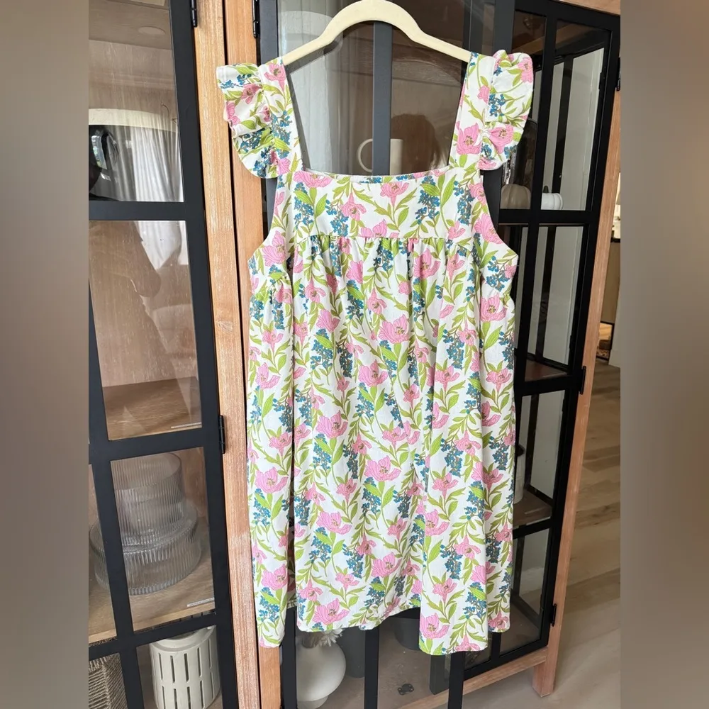 Linen floral block print babydoll mini dress ruffle pyjama square neck flutter - Image 6