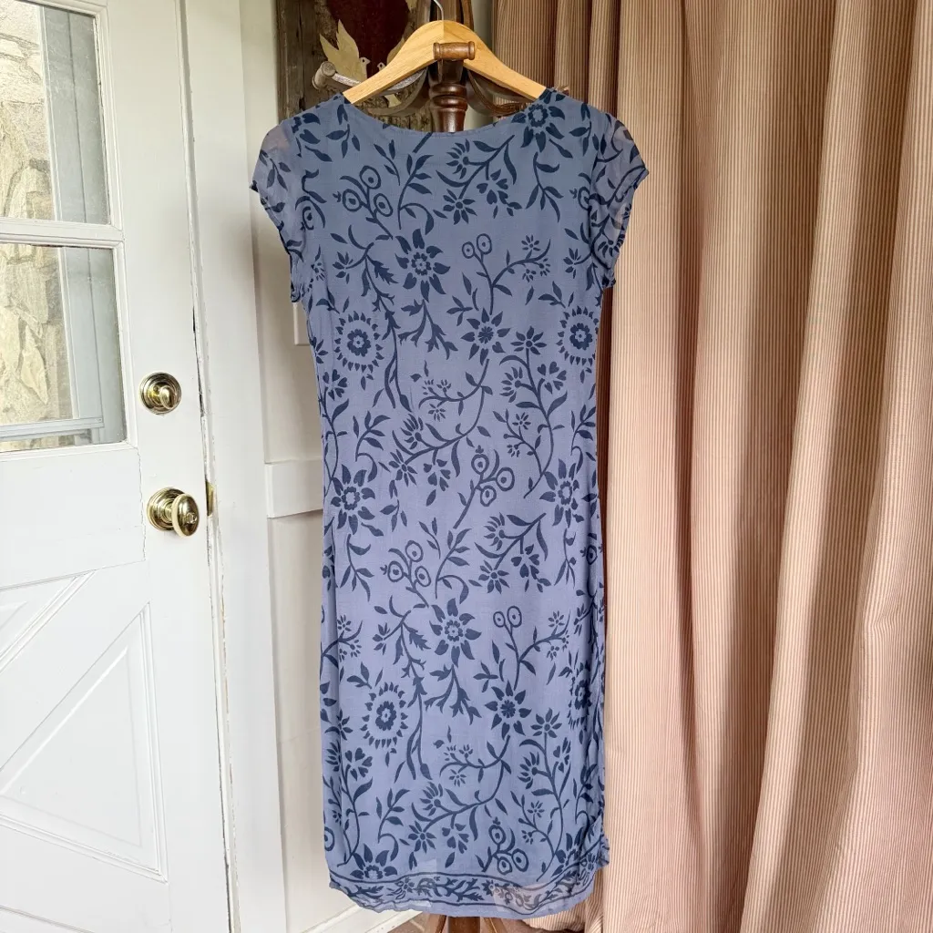 Vintage 90s Blue Floral Cap Sleeve Chiffon Midi Dress - Image 5