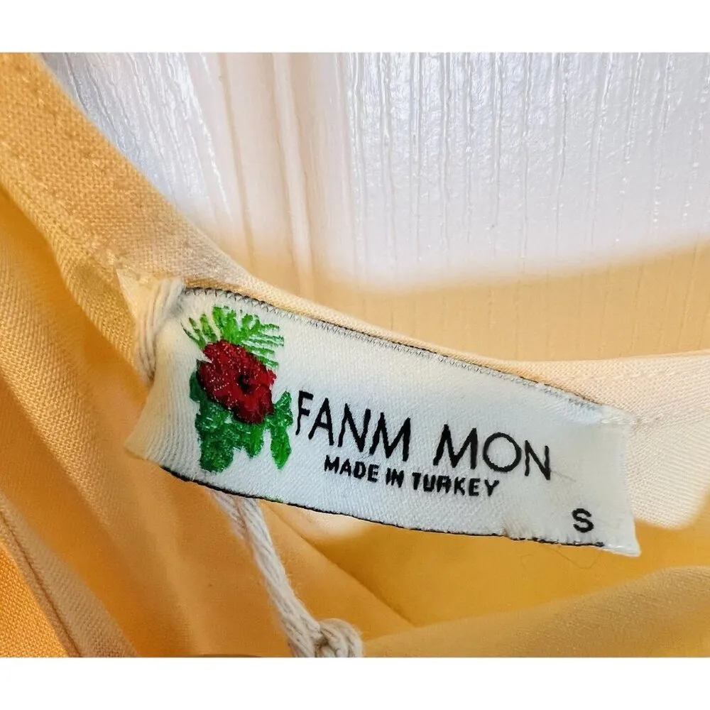 Fanm Mon Caroline Dress Size Small Butter Yellow Linen One Shoulder Embroidered - Image 7