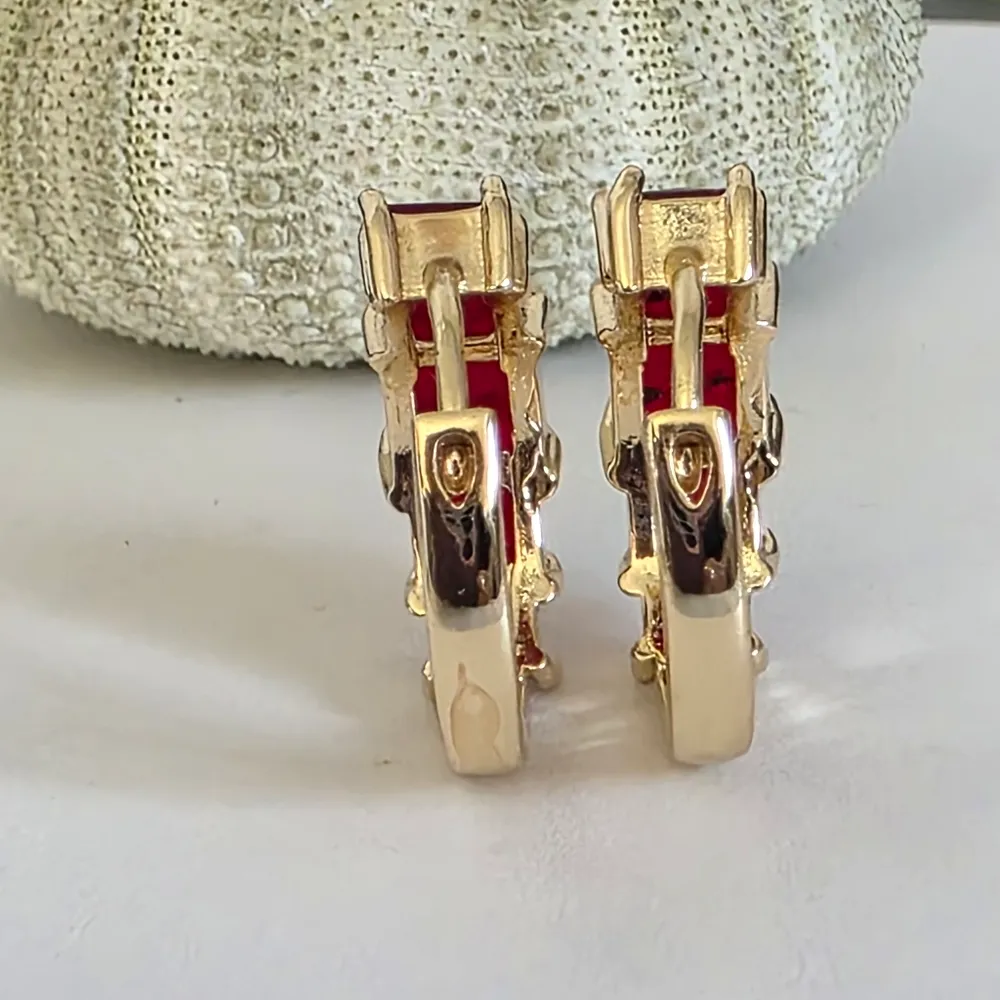 Gold Filled Huggie Hoops Ruby Red Zircon - Image 5