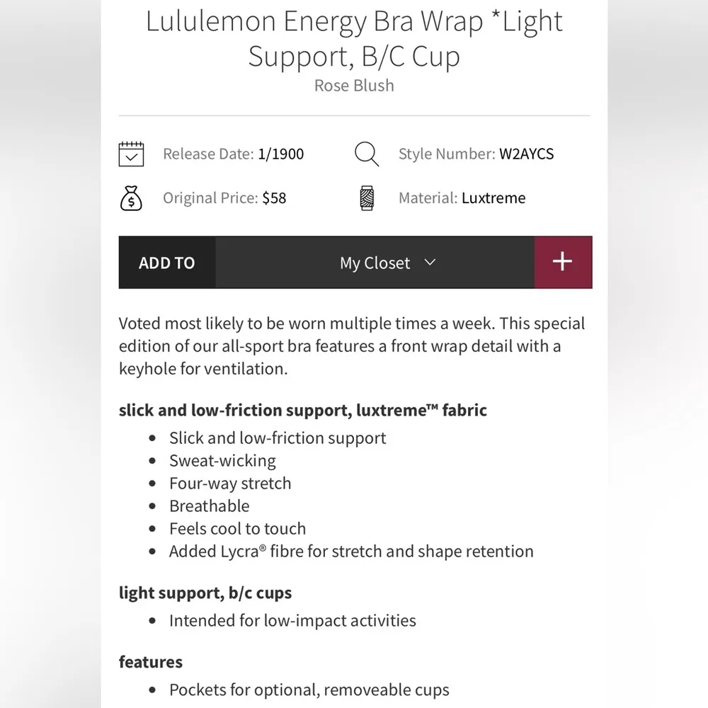 Lululemon  Energy Bra Wrap *Light Support, B/C Cup - Rose Blush - Image 6