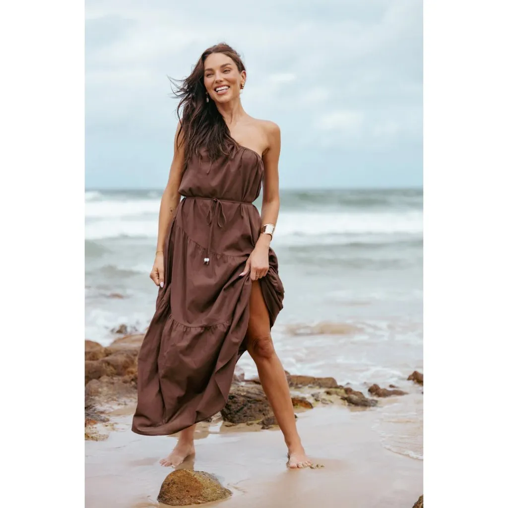 PETAL & PUP Hilde Asymmetric Maxi Dress in Chocolate Size Small - Image 3